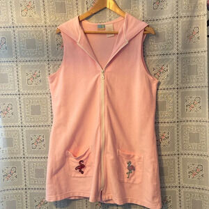 Swimsuit coverup, zipper, pink w/ flamingos, hood, 2 pockets, 100% cotton.